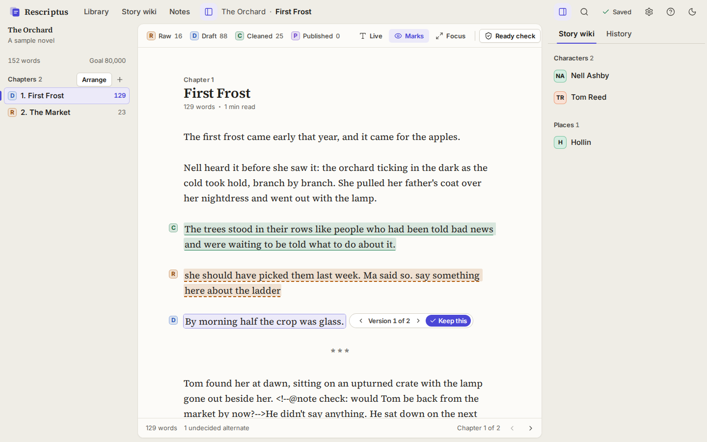 The Rescriptus editor: the chapter list on the left, a sample chapter in the middle with passages highlighted as Raw, Draft and Cleaned and an alternate being chosen, and the story wiki on the right.